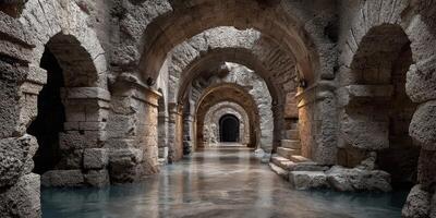 Ancient stone corridors with arched doorways in a mysterious underground setting during evening hours photo
