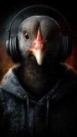 Bird wearing headphones in dark setting creates a unique urban art vibe in digital design photo