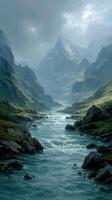 Majestic mountain landscape with flowing river and dramatic clouds at dawn photo