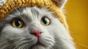 Cute cat wearing yellow knitted hat poses with curious expression against a bright background photo