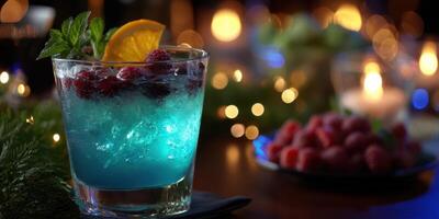Refreshing blue cocktail adorned with fresh berries served in an elegant setting at night photo