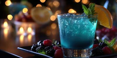 Refreshing blue cocktail garnished with mint and orange, served in an upscale bar setting at night photo