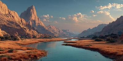 Stunning mountain landscape with river and golden grass at sunset in a serene natural setting photo