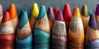 Colorful crayons arranged in a vibrant display, showcasing numerous shades and textures for creative projects photo