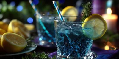 Refreshing blue lemonade cocktails served with lemon slices in a cozy evening setting photo