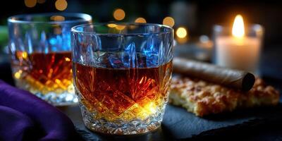 Elegant whiskey glasses, candlelight, and a cigar create a cozy evening ambiance for relaxation photo
