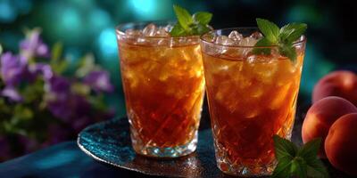 Refreshing iced tea served in elegant glasses with fresh mint and peaches in a vibrant garden setting during summer afternoon photo