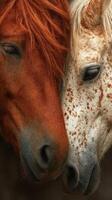 Two horses sharing a moment of connection, showcasing contrasting colors and textures in a serene setting photo