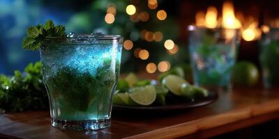 Refreshing mint mojito cocktail served in a glass with fresh mint leaves and lime on a wooden table in a cozy, dimly lit ambiance photo