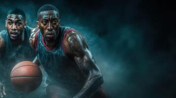 Intense basketball players compete in dynamic game with dramatic lighting and smoke effects photo