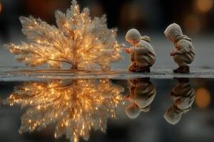 Children admire twinkling lights on a festive tree during a winter evening celebration in a cozy outdoor setting photo