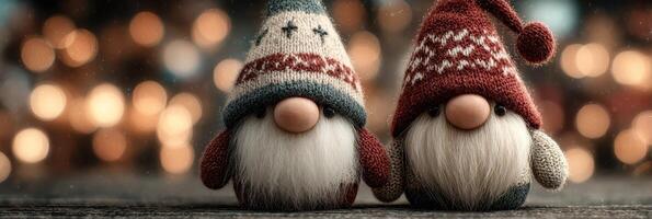 Cute festive gnomes in colorful hats standing together during the holiday season photo