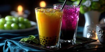 Colorful fruit bubble drinks served on a table with decorative garnishes in a cozy atmosphere photo