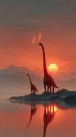 Majestic dinosaurs stand by the serene lake at sunset with twin moons illuminating the sky photo