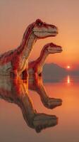 Dinosaurs standing in water during sunset with reflections, showcasing vibrant colors and serene atmosphere photo