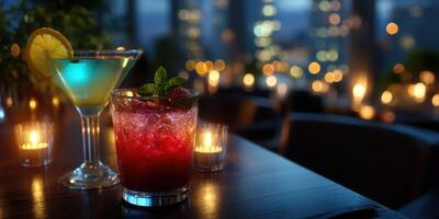 Cocktails served at a stylish rooftop bar with city lights glowing at night photo