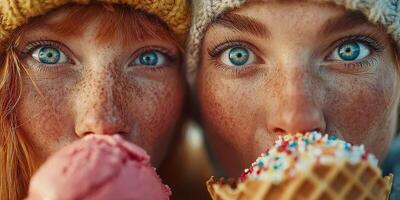 Friends enjoying colorful ice cream cones on a chilly day outdoors in winter attire photo