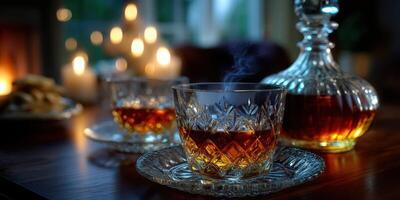 Elegant whiskey setting by candlelight with glasses and decanter on wooden table photo
