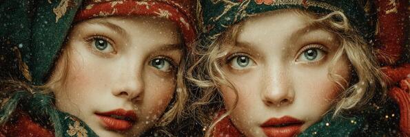 Winter portrait of two girls with beautiful scarves showcasing enchanting expressions and sparkling eyes in a snowy landscape photo