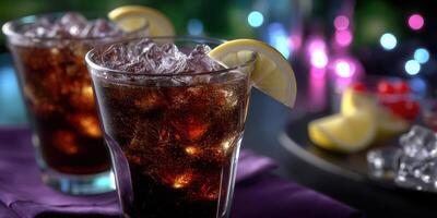 Refreshing drinks served in glasses with ice and lemon slices at a vibrant evening gathering photo