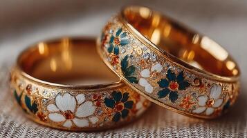 Exquisite floral gold rings showcasing intricate craftsmanship and vibrant colors on a textured surface photo