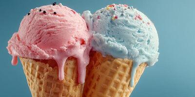 Colorful ice cream cones with pink and blue flavors melting in warm weather photo