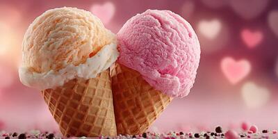 Delicious ice cream cones featuring pink and orange flavors on a soft bokeh background with hearts photo