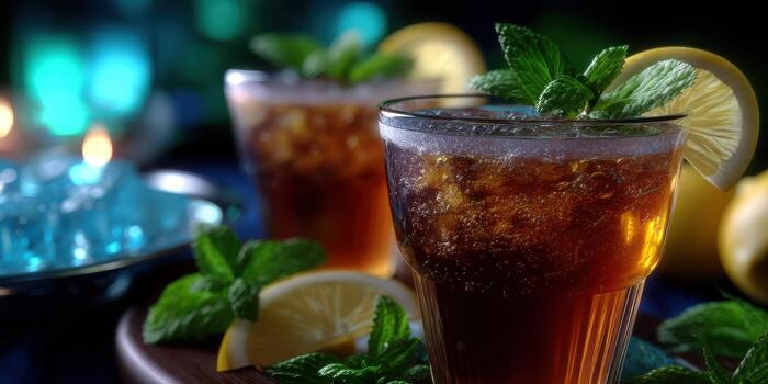 Refreshing iced tea served with lemon and mint at a summer gathering in the evening photo