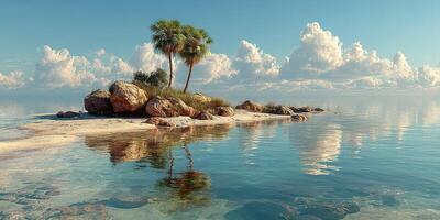 Serene tropical island with palm trees and clear water reflecting fluffy clouds during a calm day photo