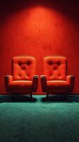 Two retro armchairs in a cozy room with a vibrant red wall and green carpet creating a unique interior design aesthetic photo