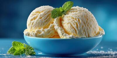 Delicious vanilla ice cream served in a blue bowl with mint leaves and a sprinkle of sugar under soft lighting photo