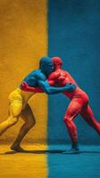 Colorful wrestling match between two athletes on a vibrant background at a competition venue photo