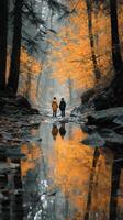 Children walking along a serene river surrounded by orange and grey autumn trees in a tranquil forest setting photo