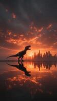 Dinosaur silhouette against a vibrant sunset over a city skyline reflecting on water photo