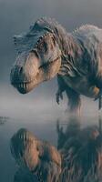 Dinosaur stands by the water, reflecting on the surface, early morning mist surrounds the creature in a prehistoric landscape photo