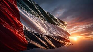 Vibrant flag waving against dramatic sunset sky with rich colors and textures photo