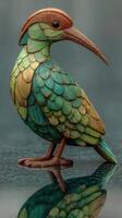 Colorful wooden bird sculpture displayed on a reflective surface in a soft light environment showcasing intricate craftsmanship photo