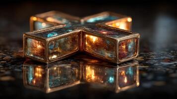 Intricate cross sculpture reflecting light on a dark surface in a serene setting during evening hours photo