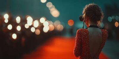 Red carpet event featuring a photographer capturing glamorous moments at a nighttime gala photo