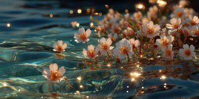 Delicate flowers floating on serene water under soft sunlight at a tranquil lakeside photo