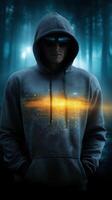 Urban night scene with a person in a hoodie and sunglasses surrounded by an ethereal forest atmosphere photo