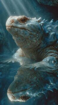 Ancient reptile emerges from water in a mystical cave illuminated by soft light photo