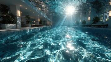 Tranquil indoor swimming pool illuminated by sunlight with lush greenery surrounding water photo