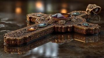 Ornate antique cross with gemstones rests on a reflective surface in a softly lit setting photo