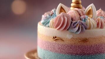Decorated unicorn cake with colorful frosting and golden accents for a festive celebration photo