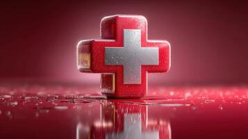 Red and silver symbol representing healthcare standing on a reflective surface photo