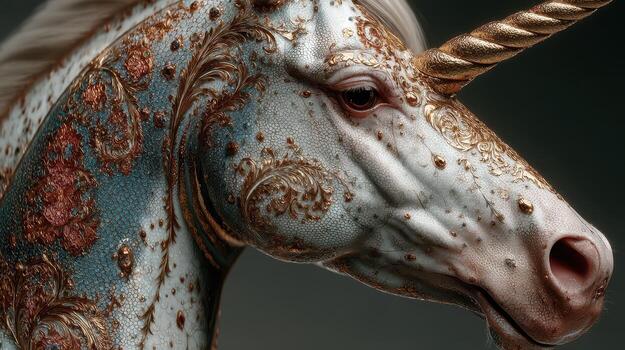 Detailed close-up view of an ornate unicorn sculpture showcasing intricate patterns and textures photo