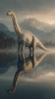 Large dinosaur stands majestically near a serene lake with mountains in the background during early morning hours photo