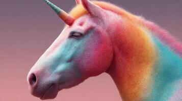 Vibrantly colored unicorn portrait showcasing rainbow hues against a soft gradient background photo