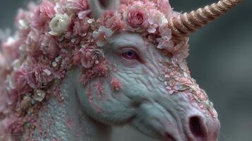 Gorgeous unicorn adorned with pink flowers and a glittering horn in a serene setting photo